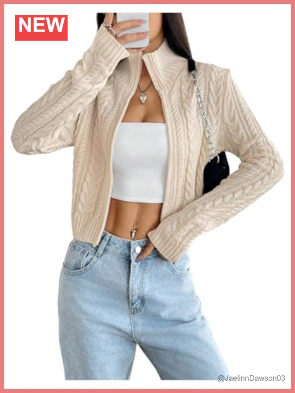 Cropped Cable Knit Zip Cardigan Long Sleeve Sweater for Women Fall Spring
